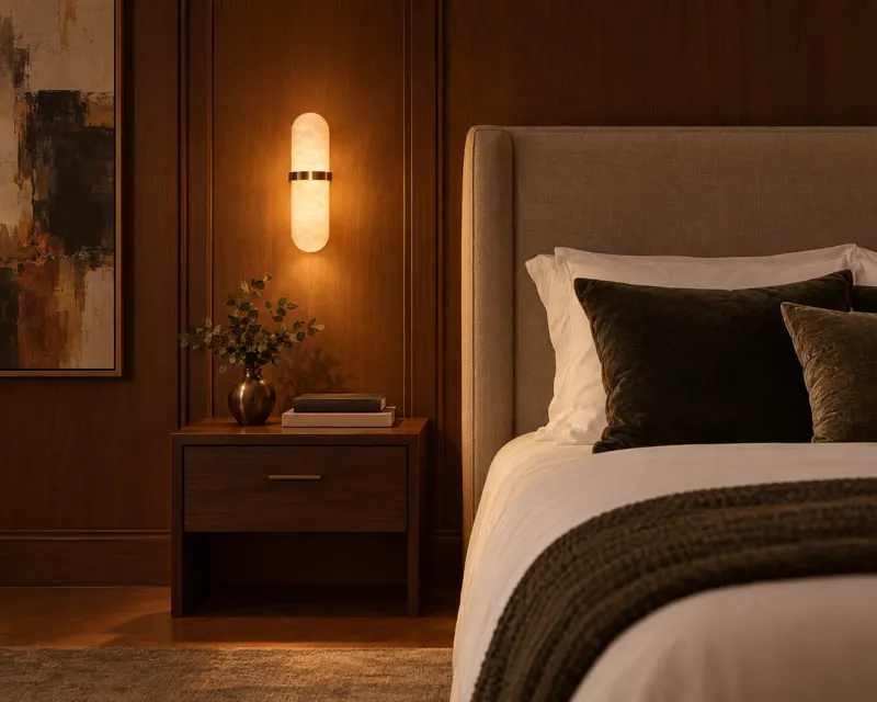 Bedroom, warm cove light, AI image