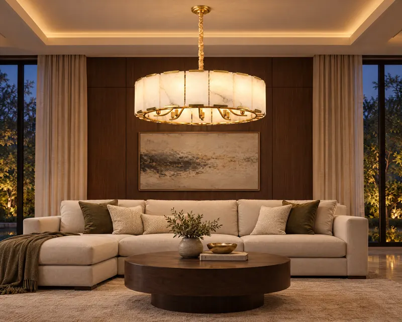 Living room, drum pendant, AI image